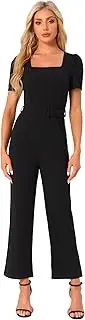 [Allegra K] Work Jumpsuits for Women's Elegant Square Neck Puff Short Sleeve Loose Wide Leg Romper