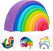Silicone Rainbow Stacking Toy Set, 10 Pcs Rainbow Stacker Building Blocks Toys, Nesting Puzzle Montessori Toys Preschool Learning Gift