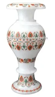 12" White Marble Flower Vase Malachite Inlay Floral Marquetry Decor Gifts H2014