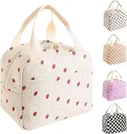 Chamgeco Insulated Lunch Bag for Kids & Adults, Reusable Corduroy Lunch Box Tote Bags, Leakproof Cooler Bag for Work Office Picnic School Travel BBQ, Large Capacity & Cute Design (Beige Strawberry)