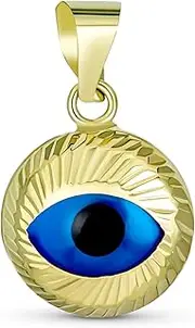 [Bling Jewelry] Personalize Turkish Real Yellow 14K Gold Spiritual Protection Amulet Round Circle Moving Floating Evil Eye Charm Pendant Necklace For Women For Teen With 14K Gold Chain