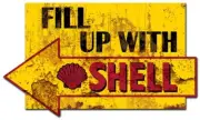 FILL UP WITH SHELL CLAM SHELL 29" HEAVY DUTY USA MADE METAL AGED ADV SIGN