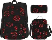 Red And Black Roses Backpack With Lunch Box And Pencil Case 3 In,Kawaii Backpacks With Lunch Bag Matching Combo