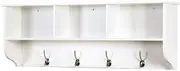 Coat Rack Wall Mount Wall-Mounted Coat Hooks with Storage Shelf and 4 Dual Hooks Wood Hanging Coat Rack for Kitchen, Bathroom, Entryway Wall Coat Hooks(White)