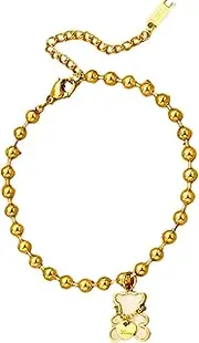 [Razzberry] 18K Gold Plated Titanium Waterproof Bracelet with Teddy Bear Charm, Word 'Love' Engraved, for Girls/Women, with included Gift Pouch