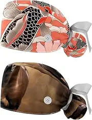[YTYVAGT] 2-Pc,Nurse Scrub Caps,Scrub Hats with Buttons and Cotton Sweatband,Umbrella Flower and Koi