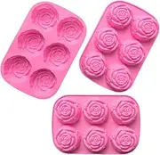 3-Pack Silicone Rose Flower Molds - 6 Cavity DIY Molds for Homemade Soaps, Baking, Ice, Chocolate, Bath Bombs, Pudding, Jelly, and Cake Making - Pink