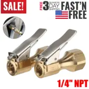 2 PCS Tire Inflatable Straight Brass Open Flow Air Chuck Lock-On Clip 1/4" NPT