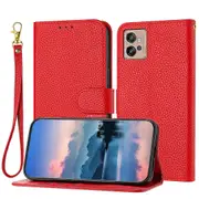 G32 Case Litchi Grain PU Leather Folio Cover Magnetic Closure Flip Wallet Card Slots Stand Case With Hand Strap, Brown - Red