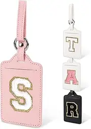 [Iqimott] Personalized Initial Luggage Tags for Suitcases, Cute PU Leather Travel Letter Luggage Tags,Suitcase Identifier Name Baggage Tag,Bag Tags for Men Women Kids Luggage Handbags Schoolbags(Pink-White S)