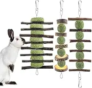 3PCS Bunny Chew Toys, Rabbit Chew Toys for Teeth Grinding, Improve Dental Health, 100% Natural Apple Wood Timothy Grass Cake Treats for Rabbits Guinea Pigs Chinchillas Bunnies Hamsters