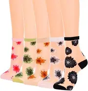 [Campsis] Flower Sheer Socks Flower Patterned See Through Sock Lace Nylon Dress Socks for Women and Girls(5 Pairs)