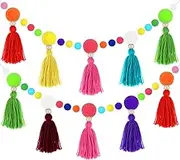Rainbow Pom Pom Tassel Garland Banner Spring Colorful Pompom Wall Hanging Boho Tassel Garland Decor for Classroom Home Nursery Baby Shower Party Supplies(2 Pcs)