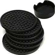 Enkore Coasters Set of 6 in Holder - Protect Furniture from Water Marks & Damage - Good Grip, Deep Tray, Large 4.3 inch Size (Black)