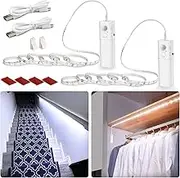 WOBANE Motion Sensor Stair Strip Lights,Rechargeable Motion Activated Closet Light,Battery Powered LED Strip,60 LEDs Homelife Bar for Bed,Pantry,Counter,Night Light,Cabinet,6000K White,6.56ft,2PCS
