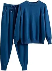 [Generic] Winter Basic Two Piece Women Sweater Tracksuit Crewneck Long Sleeve Knitted Pullover Sweater Elastic Waist Pant Suit