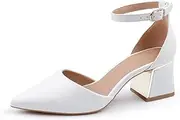 [BCTEX COLL] Womens Pointed Toe Pumps Shoes Ankle Strap Chunky Low Heels Metal Lined Sandals Designed for Women