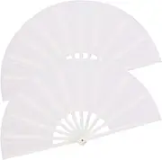 HONSHEN 2 Pack Large Folding Hand Fan,white Chinese Kung Fu Tai Chi Fan Nylon-Cloth Fan for Men and Women Performance, Dance, Decorations, Festival, Gift (Folding Fan white 2p)