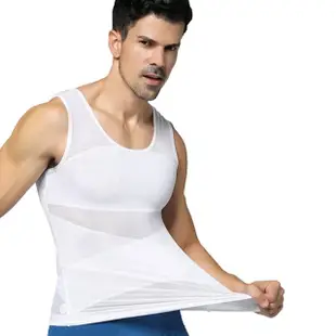【Charmen】NY028 菱形加壓彈力網紗收腹透氣背心 白色(男性塑身衣 男內著 塑身背心)