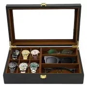 Watch Box,6 Watch 3 Slots Sunglasses Wooden Watch Organizer Box with Real Gla...