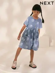 Blue Denim Flower Print Button Dress (3-16yrs) (AC6219) | $33 - $44