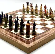 Antique Walnut Patterned Backgammon and Chess Set and Crusaders Chess Pieces