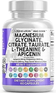 Magnesium Glycinate Complex 1000mg with L-Theanine 200mg Apigenin 50mg Citrate Taurate Supplement - 5-HTP GABA Passion Flower Lemon Balm L-Glycine Phosphatidyserine Ashwagandha-Made in USA Clean Nutra