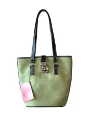 Dooney Bourke Green Leather Trim Canvas Lock Monogram Bucket Bag DL64C X9 - New