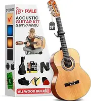 Pyle Left Handed Beginner Acoustic Guitar Kit, 4/4 Full Size All Wood Build Nylon String Instrument with Capo, Strap, Extra String Set, Gig Bag, Guitars for Beginners Adults Youth, 39" Natural Gloss