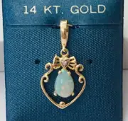Solid 14K Yellow Gold Genuine Pear Shape Australian Opal & Diamond Pendants NEW