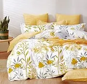 SLEEPBELLA Duvet Cover King Size, 600 Thread Count Cotton Grey Branches and Yellow Flower Reversible Comforter Cover(King, White Leaf)
