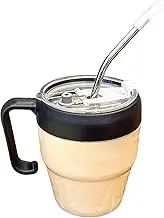 Glass Cup with Lid and Straw - Letter Printing Beverage Sippy Glass - Multi Purpose Straw Cup with Handle for Iced Hot Drinks for Restaurant Kitchen Wedding Picnic Camping