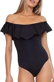 [Trina Turk] Women's Standard Monaco Ruffle Bandeau One Piece Swimsuit, Off Shoulder, Bathing Suits
