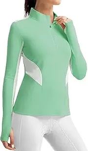 [FitsT4 Sports] Women's Riding Shirt Long Sleeve Riding Shirts Quick Dry Functional Shirt with Half Zip, Light Green, S