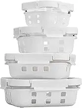 GENICOOK Borosilicate Tempered Glass Food Storage Containers with Glass Lids - Food Grade Silicone Wrap & Air Release Vent, Rectangular shape - 8 Pc Set (4 Containers - 4 Matching Lids) White