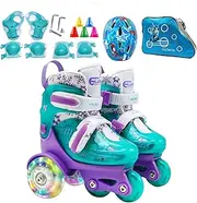 Kids Roller Skates | Three-Point Roller Skates | Beginner Three-Point Adjustable Roller Skates | Roller Skates With Light Up Wheels | Roller Skates With Knee Pads Elbow Pads & Headgear For Gym & Park