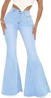 [Generic] Women Bell Bottom Jeans Hole High Waisted Flare Denim Pants Ripped Classic Bell Bottom Jean Pants
