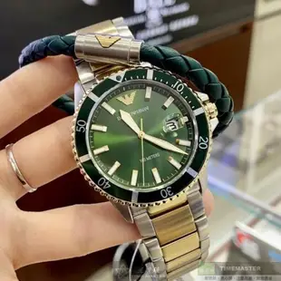 ARMANI手錶, 男錶 44mm 綠金圓形精鋼錶殼 墨綠色中三針顯示, 運動, 水鬼錶面款 AR00043