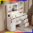 Dressing Table Stool Set + Smart LED Mirror Vanity Desk with 5 Drawers White