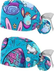 [YTYVAGT] 2-Pc,Nurse Scrub Caps,Scrub Hats with Buttons and Cotton Sweatband,Bunny Colorful Egg Doodles