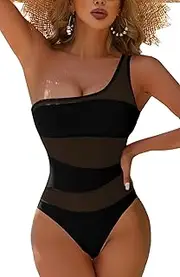 [FEOYA] One Piece Swimsuit for Women Tummy Control Cute One Shoulder Cutout Mesh Slimming Bathing Suit Asymmetric Swimwear