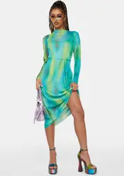 [Another Girl] Pleated Mesh Space Blur Midi Dress