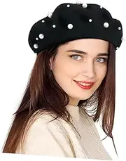 [Garneck] Women's Beret Beaded Wool Hat for Fashion Black Cashmere Beret for Casual Outfits for Outdoor Activities and Gifting