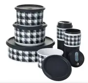Tupperware Stacking Canisters~8" Cookie Container~ 2 Coffee Mugs Black Plaid New