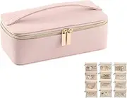 [Generic] Familiarn Travel Jewelry Box with Small Pouches, New Portable PU Leather Jewelry Organizer Box, with 12-piece set in Separate Bags, for Rings, Earrings, Necklaces(B-Pink)
