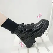 Platform Lace Up Short Boots Patent Leather - Black - 37