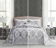 HZ & HY Oversized Queen Bedspread, Jacquard Matelasse Damask Pattern Design, Lightweight, Reversible, 5 Piece, 100% Microfiber, Queen, Grey