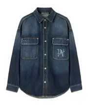 Palm Angels Logo Printed Drop Shoulder Denim Shirt L,M Blue