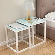 Square Side Table Set of 2, Coffee Table End Table with Smooth Tempered Glass Top, Sofa Table with Metal Frame Modern Nesting Tea Table Set for Living Room, Balcony, Bedroom, Apartment, Smal(All White
