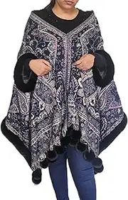 [Generic] Casual Paisley Print Wool Poncho with Faux Fur Trim, Navy Blue and Purple, Pom Pom Detail Women Pullover, Multicolor, One Size